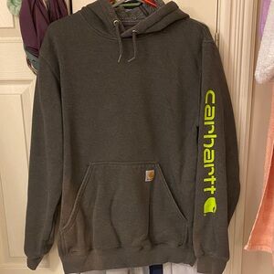 Carhartt Men's Dark Gray Hoodie with Neon Yellow Logo